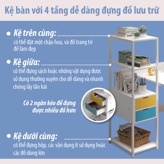 Bàn làm việc, bàn học BG chân sắt thiết kế kèm giá sách 2 tầng rất tiện lợi, mặt bàn gỗ công nghiệp được bo góc để trách va đập (Hàng nhập khẩu)