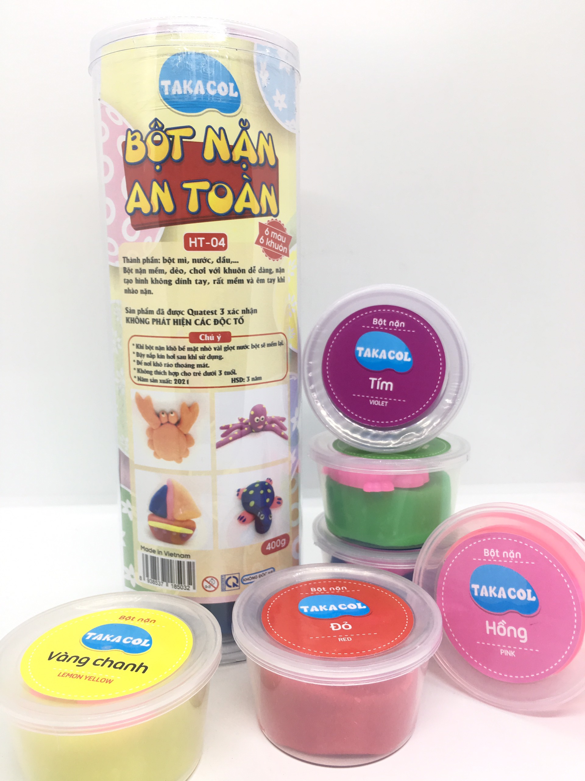 Bột nặn an toàn TAKACOL ống nhựa 6 màu có khuôn chơi kèm trong hũ HT-04