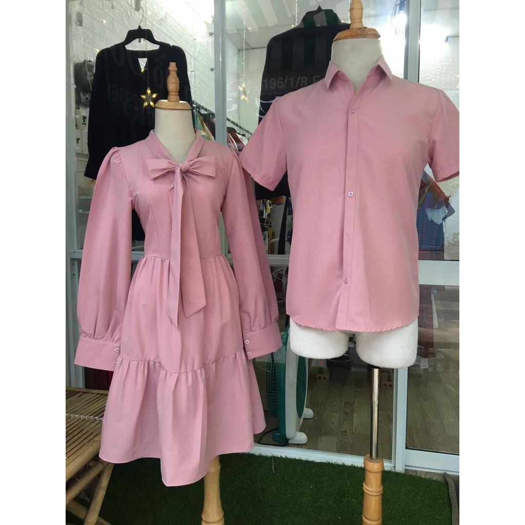 Áo cặp nam nữ Váy và sơ mi đôi Hàn Quốc couple màu hồng AV46