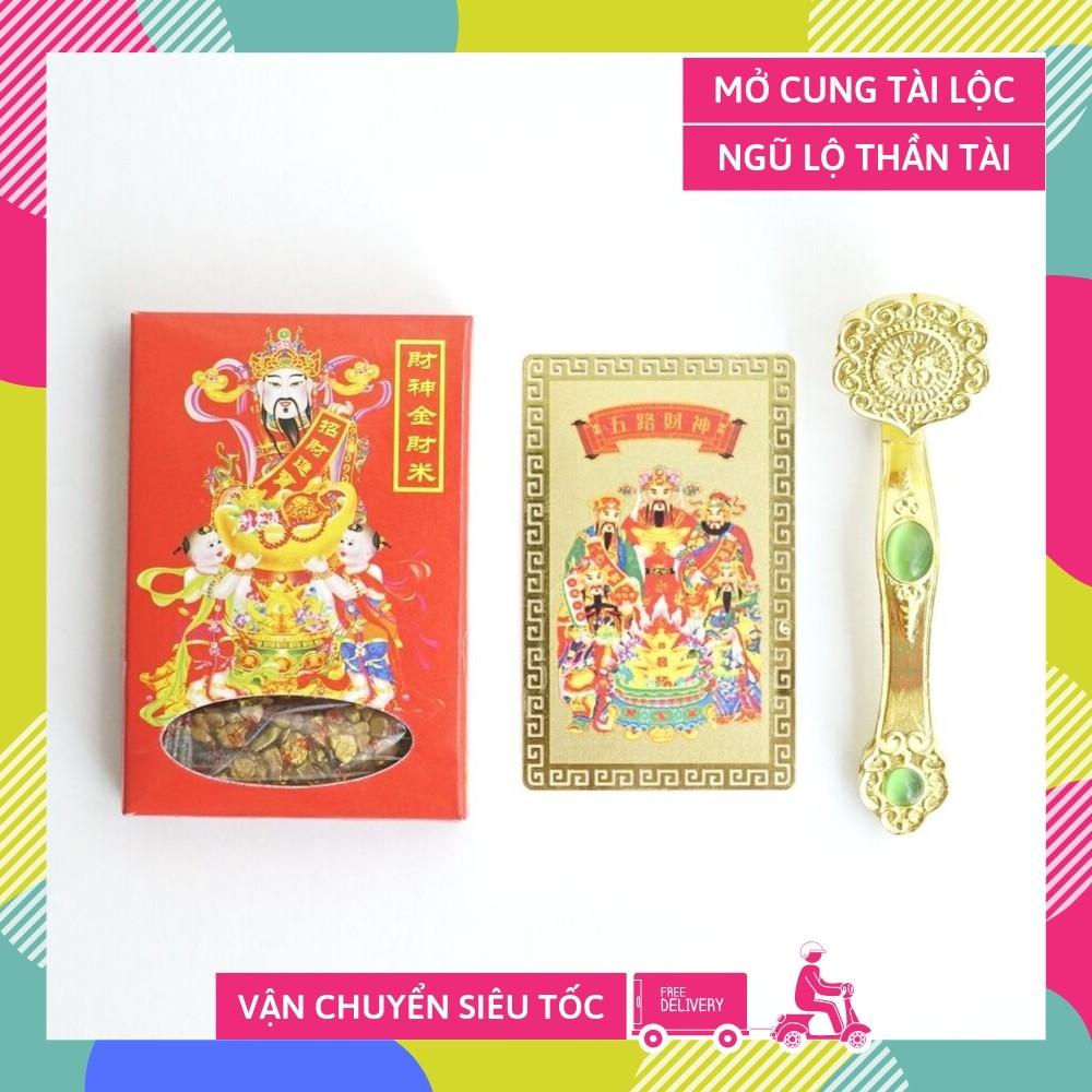 Bộ Ngũ Lộ Thần Tài Phù + Gạo vàng + Gậy Như Ý tài lộc giàu có
