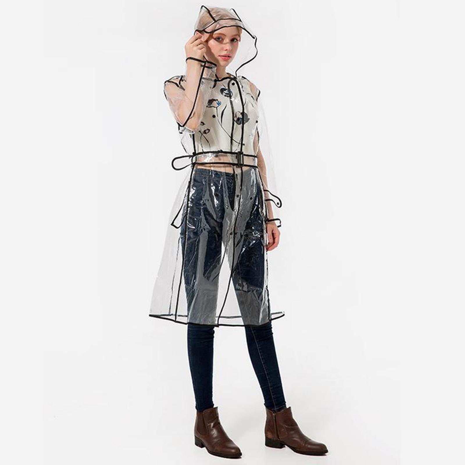 Ladies Girls Transparent Clear Waterproof Raincoat Rain Poncho Jacket Wind Coat