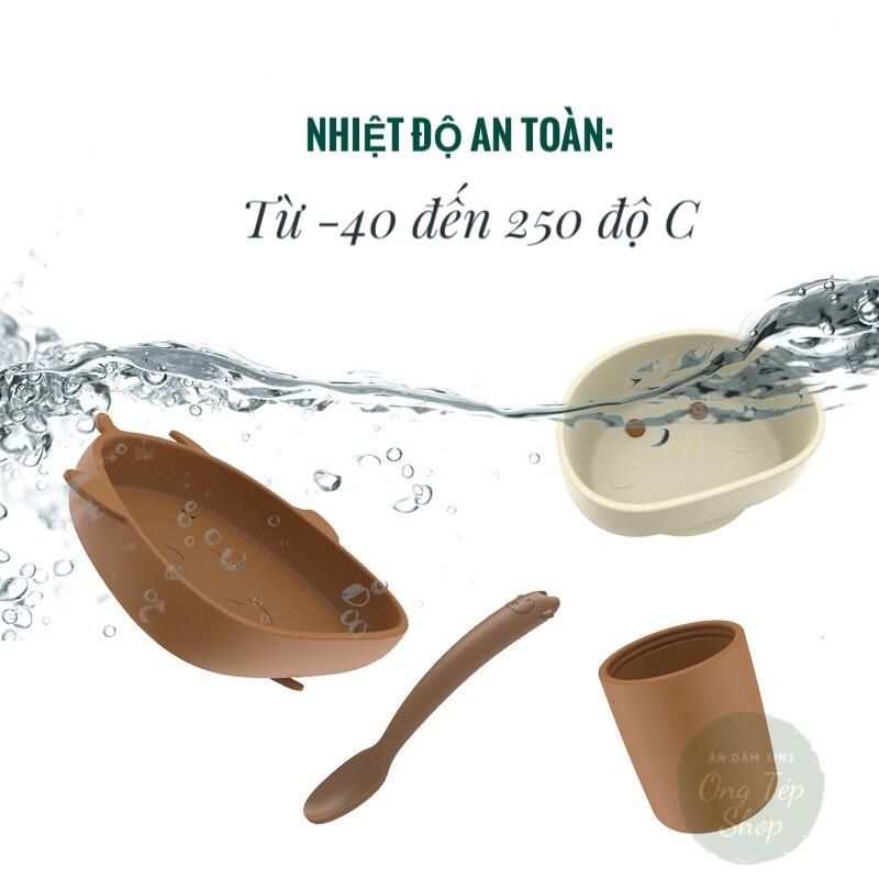 5 chi tiết - Bộ khay ăn dặm silicon đế hít chống lật gồm khay, bát, cốc silicon, thìa ăn dặm silicon hình chú bò