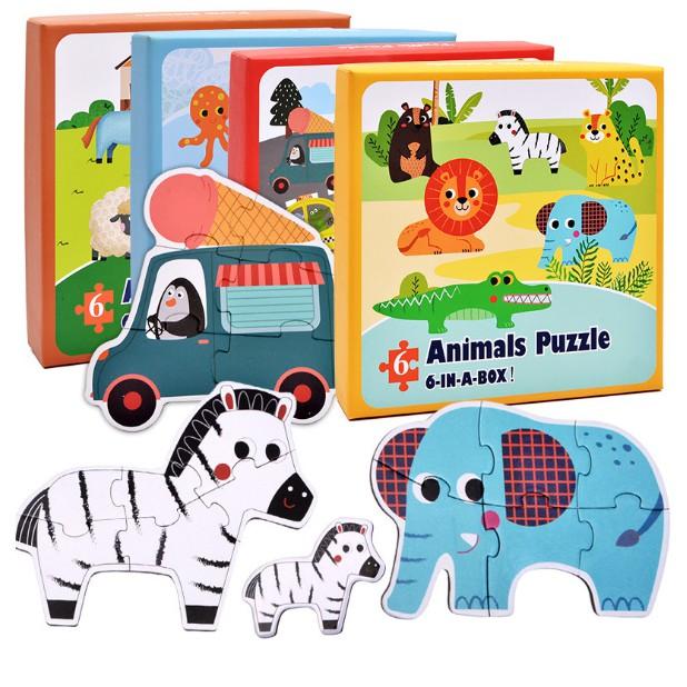 Đồ chơi bộ xếp hình 6 hình Puzzle size to, hộp giấy chọn chủ đề cho bé