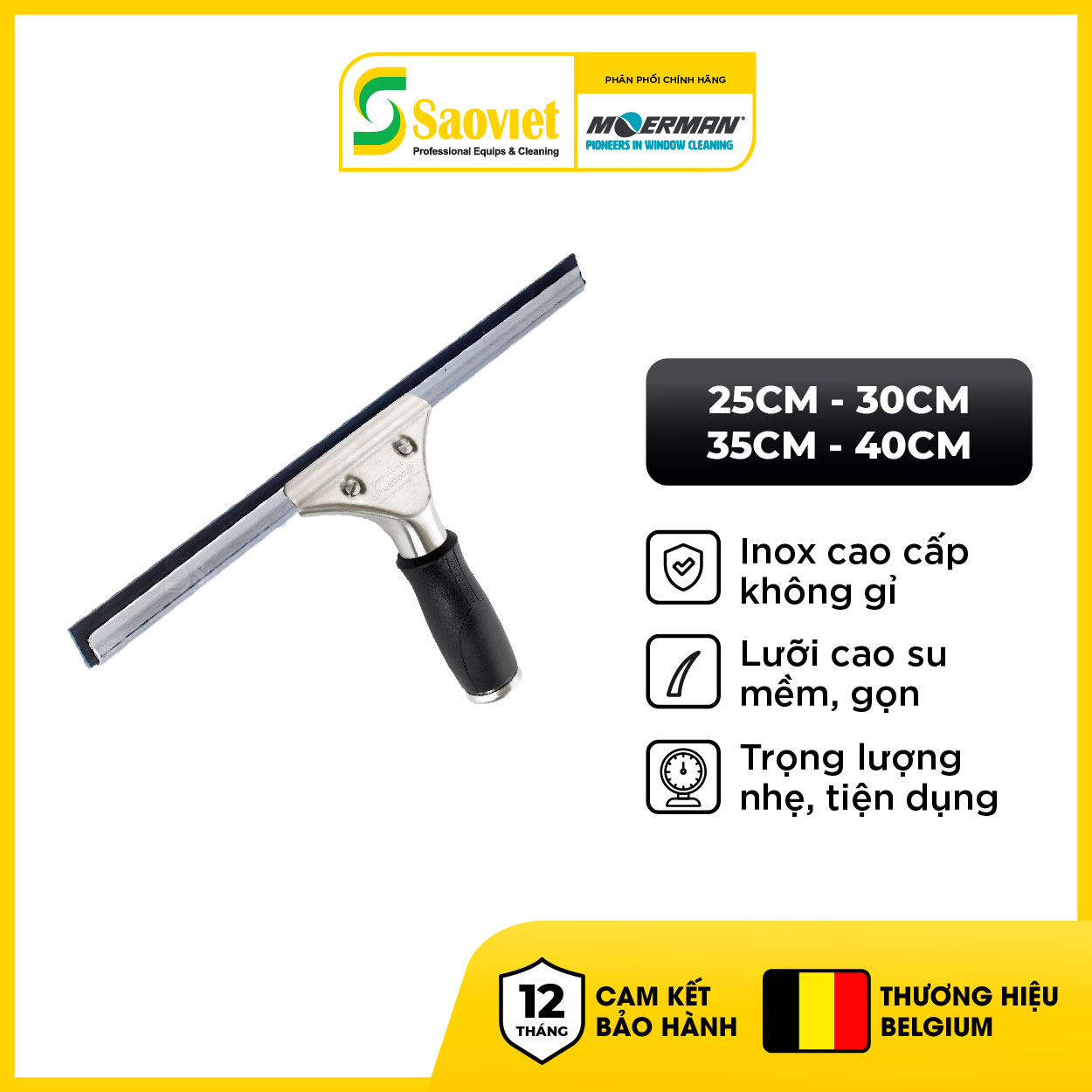 Bộ vệ sinh kính Moerman Dòng Steel bằng thép không gỉ cao cấp và lưỡi dao cao su cao cấp |SAOVIETCO| SKU: 17773/19656/19845/19658/19657 | SAOVIETCO