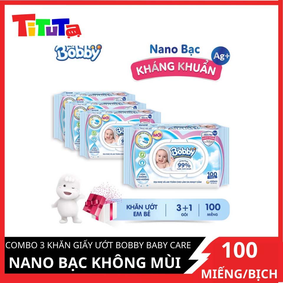 Combo Tiết Kiệm - 4 Gói Khăn Ướt Bobby Care Không Hương 100 Tờ/Gói