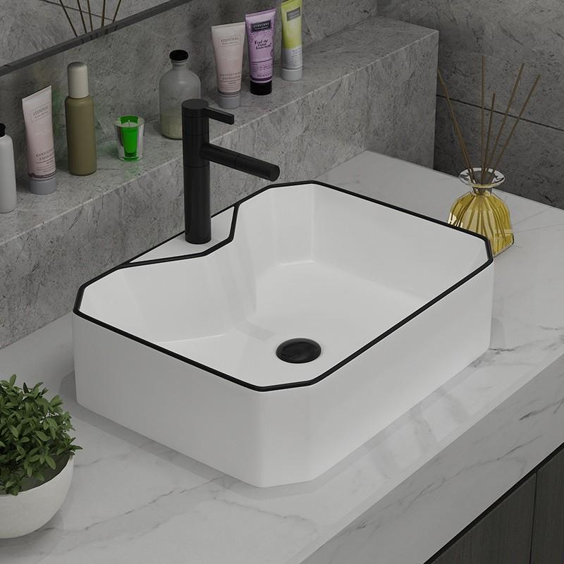 Chậu sứ lavabo để bàn màu trắng viền đen nghệ thuật loại có lỗ vòi gắn trên, mã M22DT