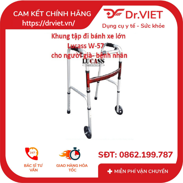 Khung tập đi Lucass W-57, giúp người tập đi sau tai nạn, tai biến, người già đi lại vững vàng hơn,có bánh xe tiện lợi