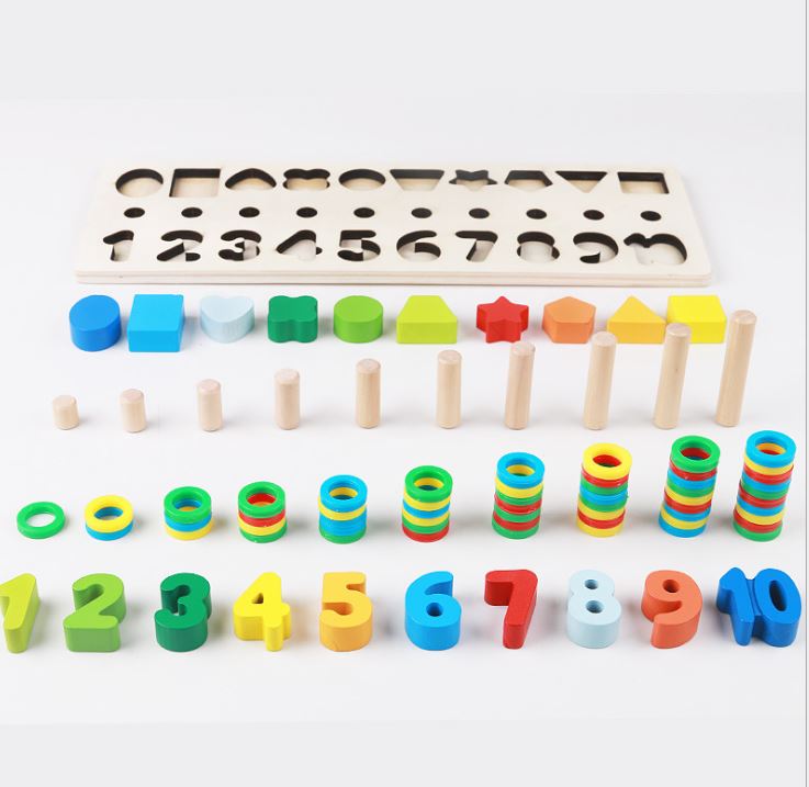 Đồ chơi giáo dục 3in1, Bộ học số đếm, hình khối bằng gỗ