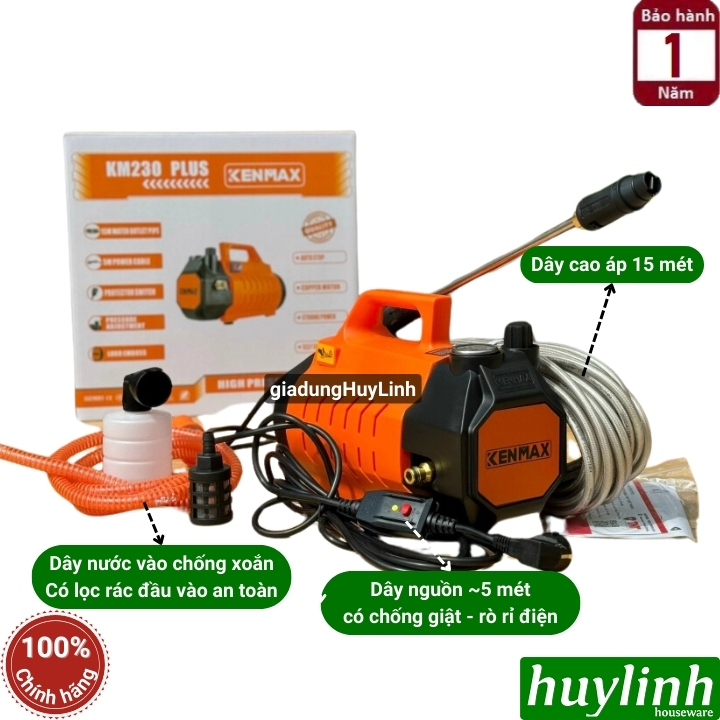 [Chống giật] Máy xịt rửa xe Chỉnh Áp Kenmax KM-230 PLUS - 2300W - Motor từ lõi đồng 100% - Hàng chính hãng