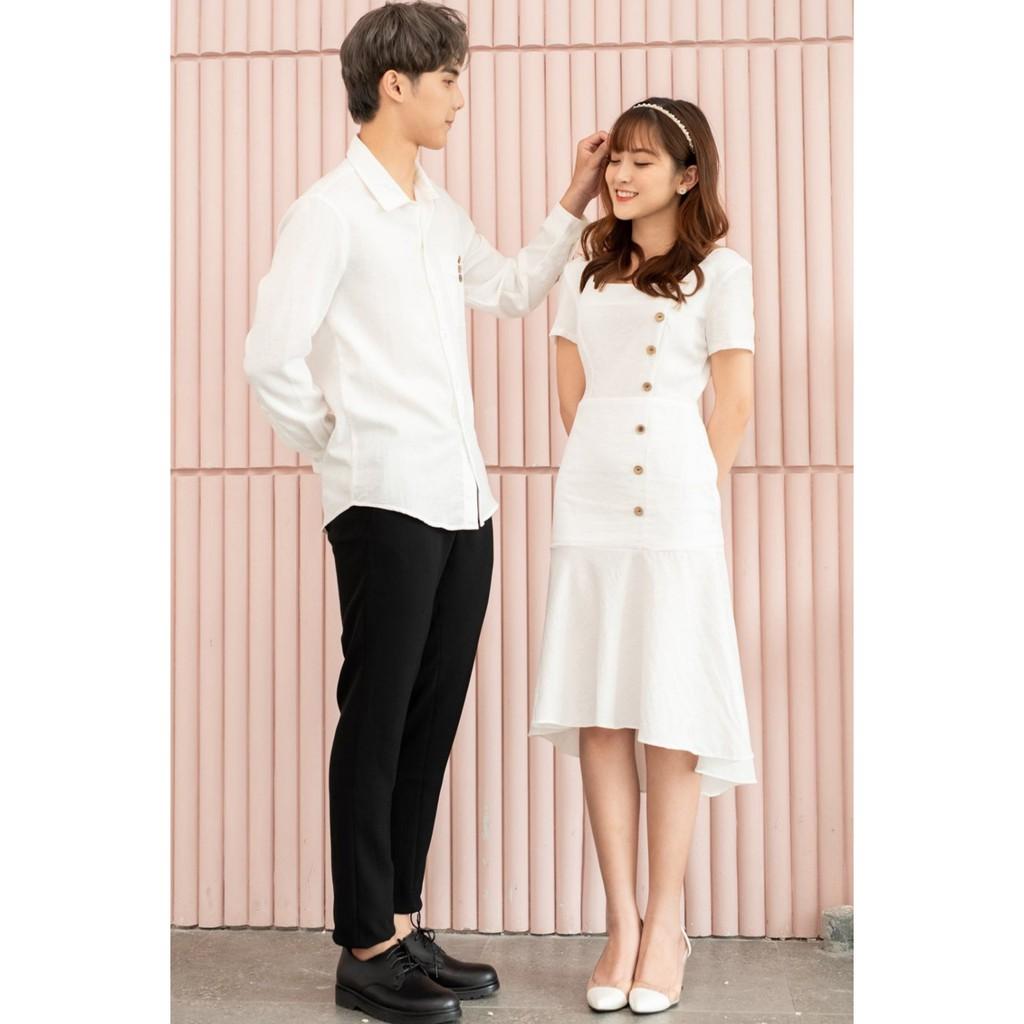 Áo đôi chụp cưới áo váy đôi sơ mi nam nữ màu trắng cố vuông đính nút gỗ chụp cưới đẹp AV42