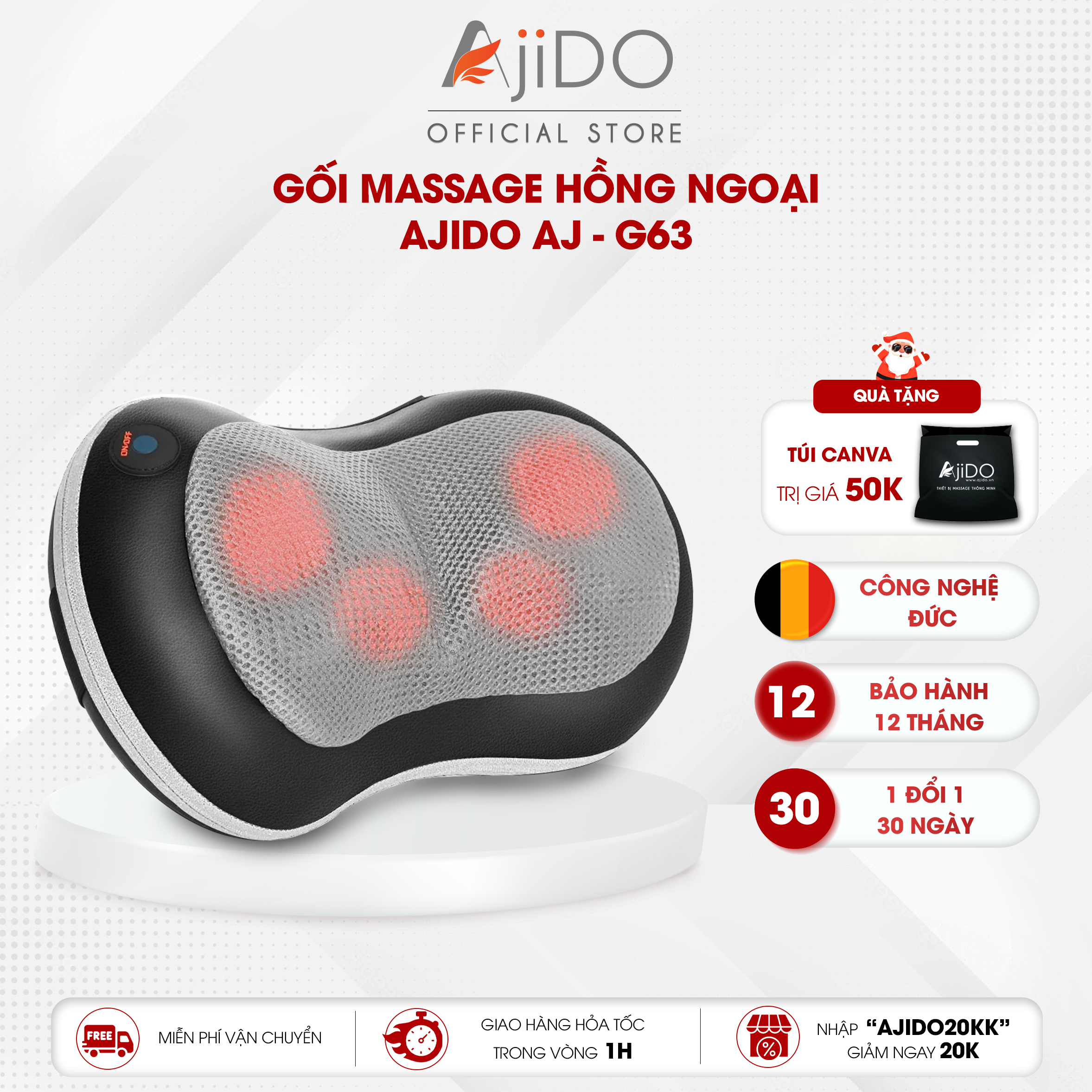 Gối Massage Hồng Ngoại Đa Năng AJIDO AJ - G63, Mát Xa Cổ Vai Gáy - Lưng - Toàn Thân