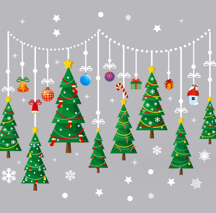 Decal trang trí dán tường hít tĩnh điện - dây rèm thông xanh và trái châu nhỏ