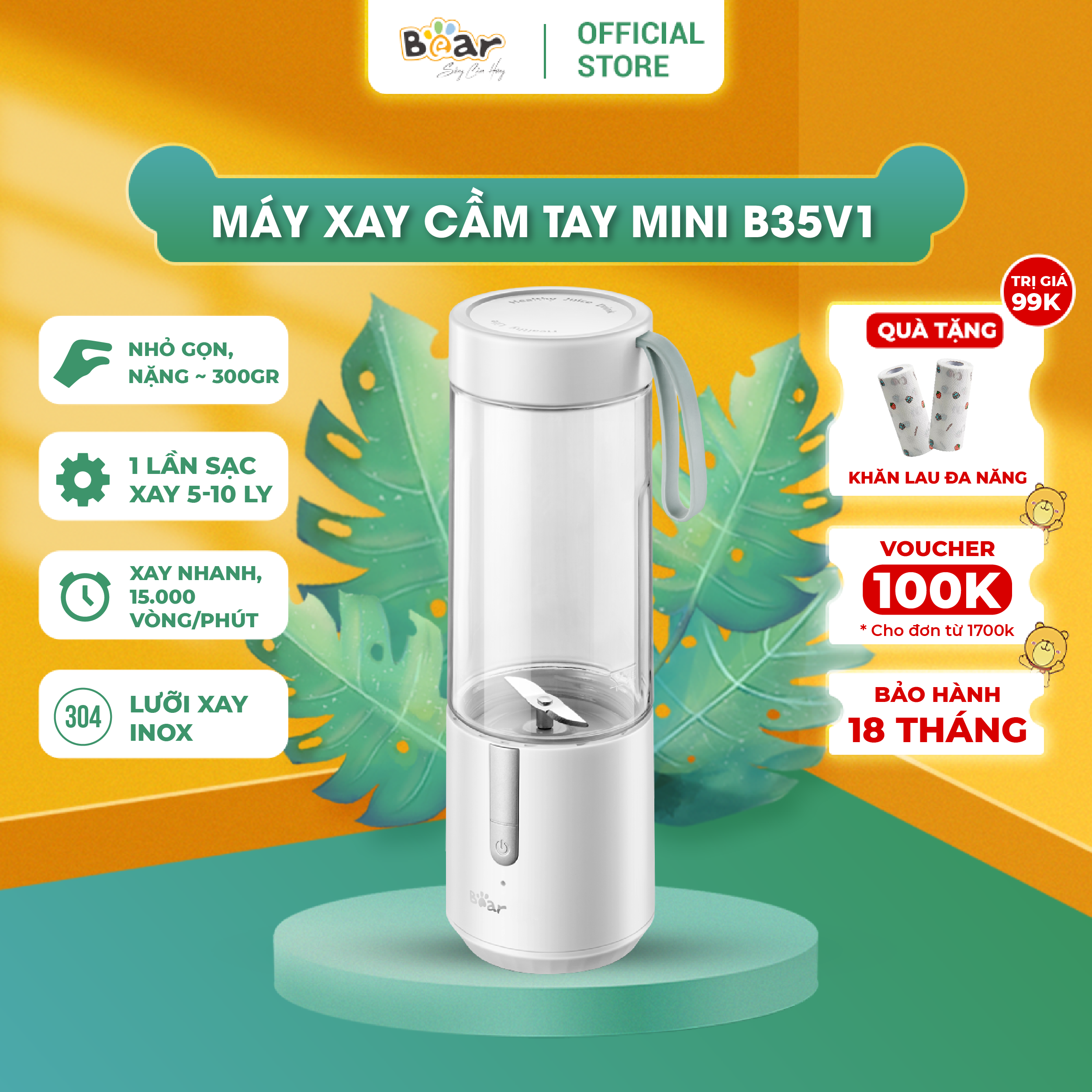 Máy Xay Sinh Tố Đa Năng BEAR BL-B35V1 cầm tay tiện lợi, nhỏ gọn - Hàng nhập khẩu