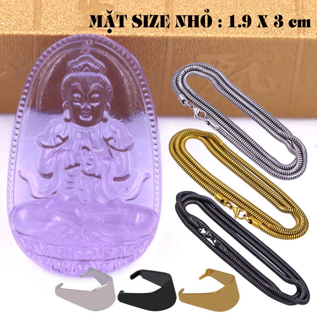 Mặt Phật Đại nhật như lai pha lê tím 1.9cm x 3cm  kèm vòng cổ dây chuyền inox rắn vàng + móc inox vàng, Phật bản mệnh, mặt dây chuyền