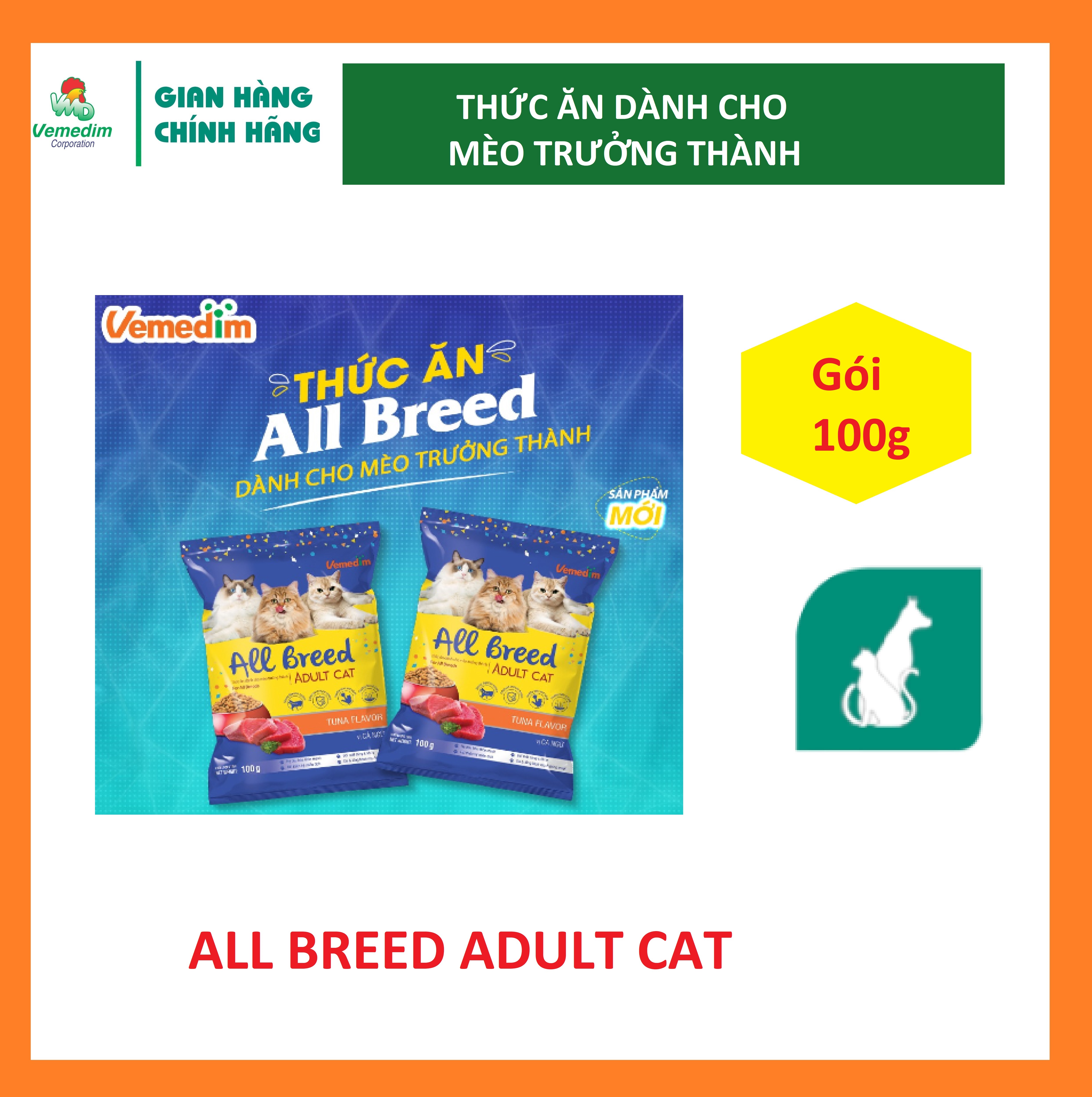 Vemedim All Breed Adult (Cat) - Thức ăn cho mèo trưởng thành giúp tăng đề kháng, bộ lông bóng mượt, gói 100g/gói 350g