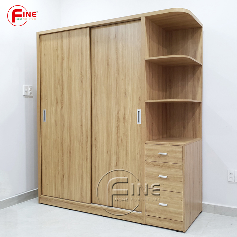 Tủ Quần Áo Cánh Cửa Lùa Cao Cấp FINE FT223F Kích Thước 1m8 Có 3 hộc kéo và kệ trưng bày tiện dụng