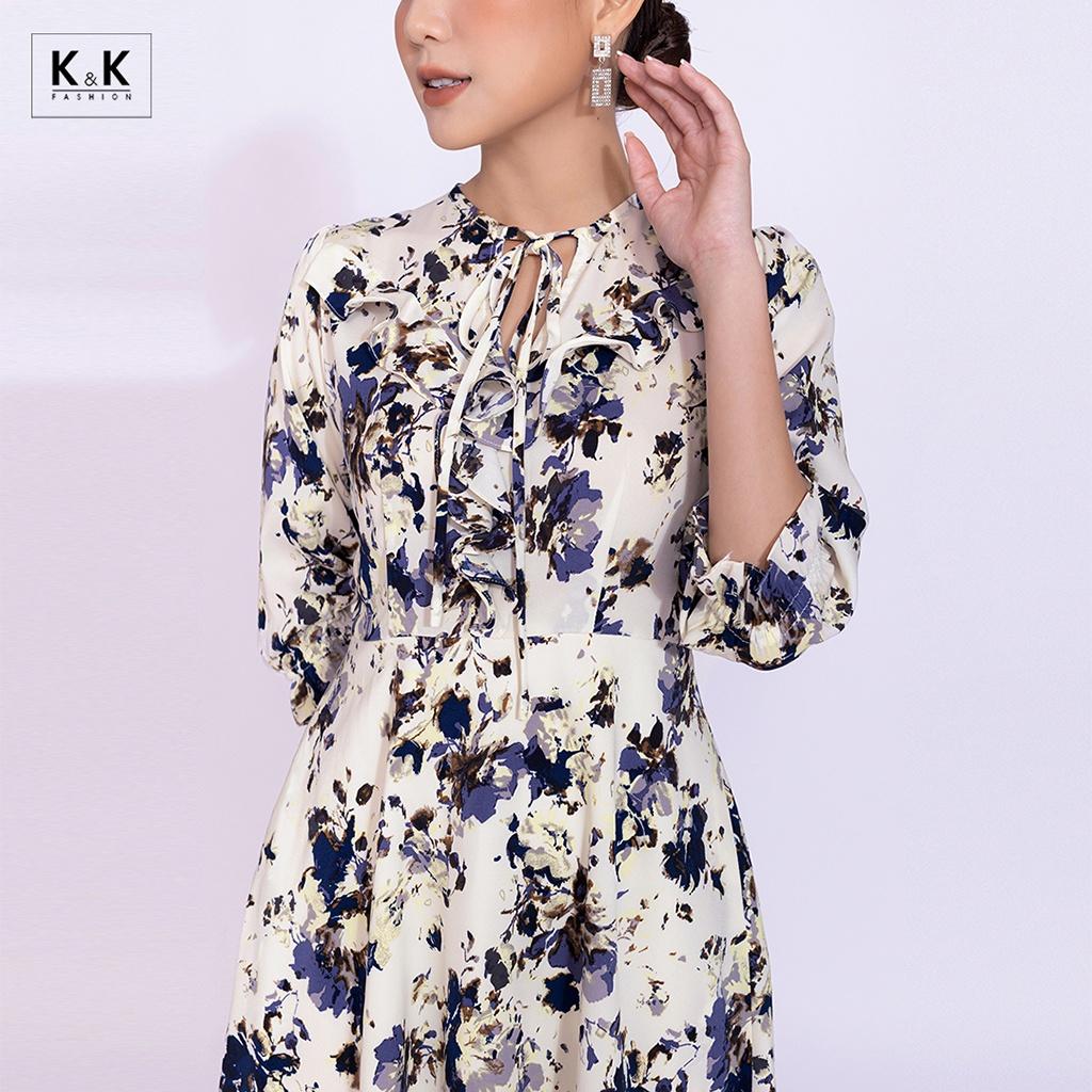 Đầm Xòe Hoa Phối Nơ Viền Bèo K&amp;K Fashion KK116-39 Chất Liệu Silk