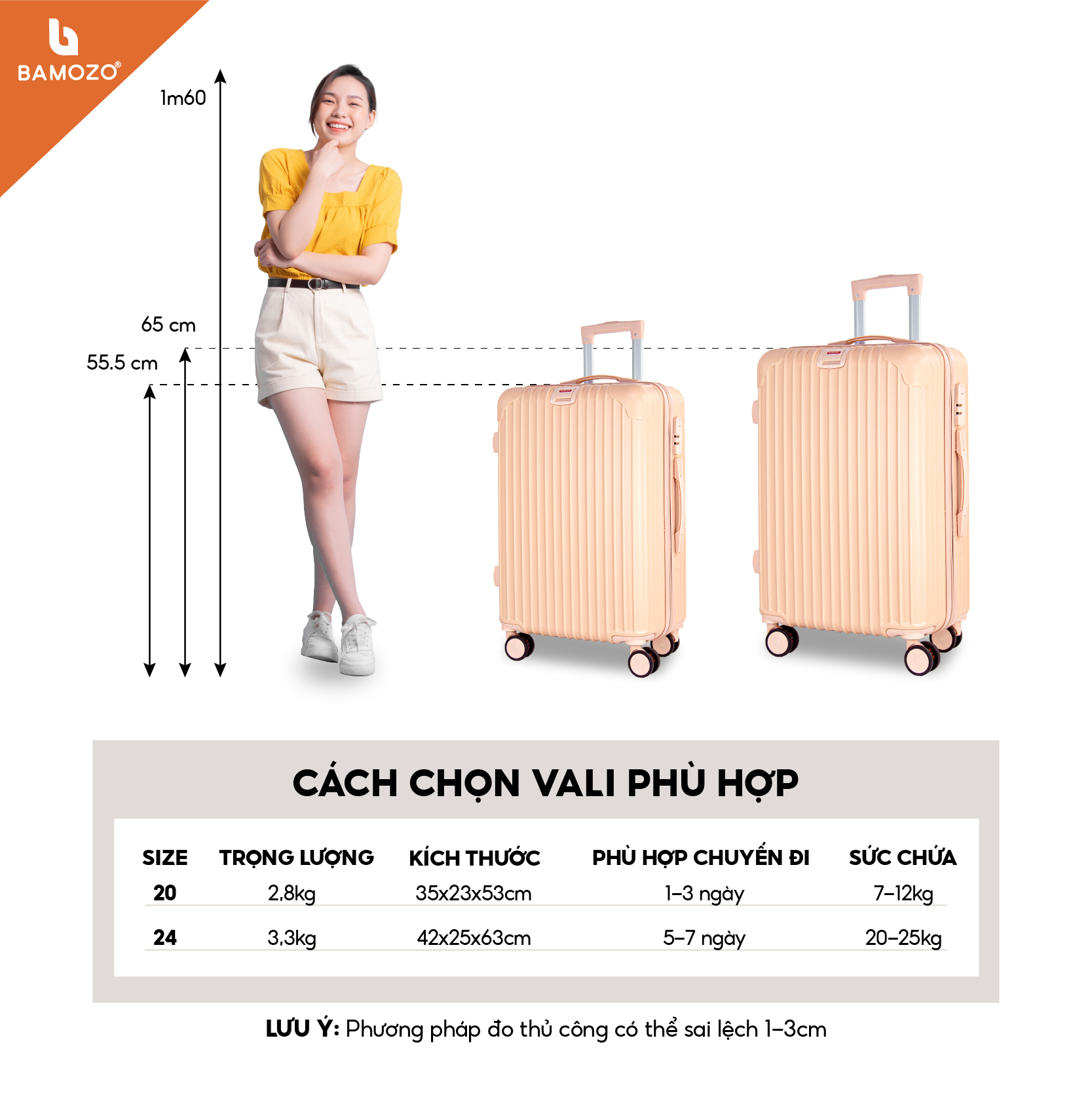 Vali du lịch BAMOZO 8801 MÀU HỒNG NHẠT size 20/24, vali kéo nhựa được bảo hành 5 năm.