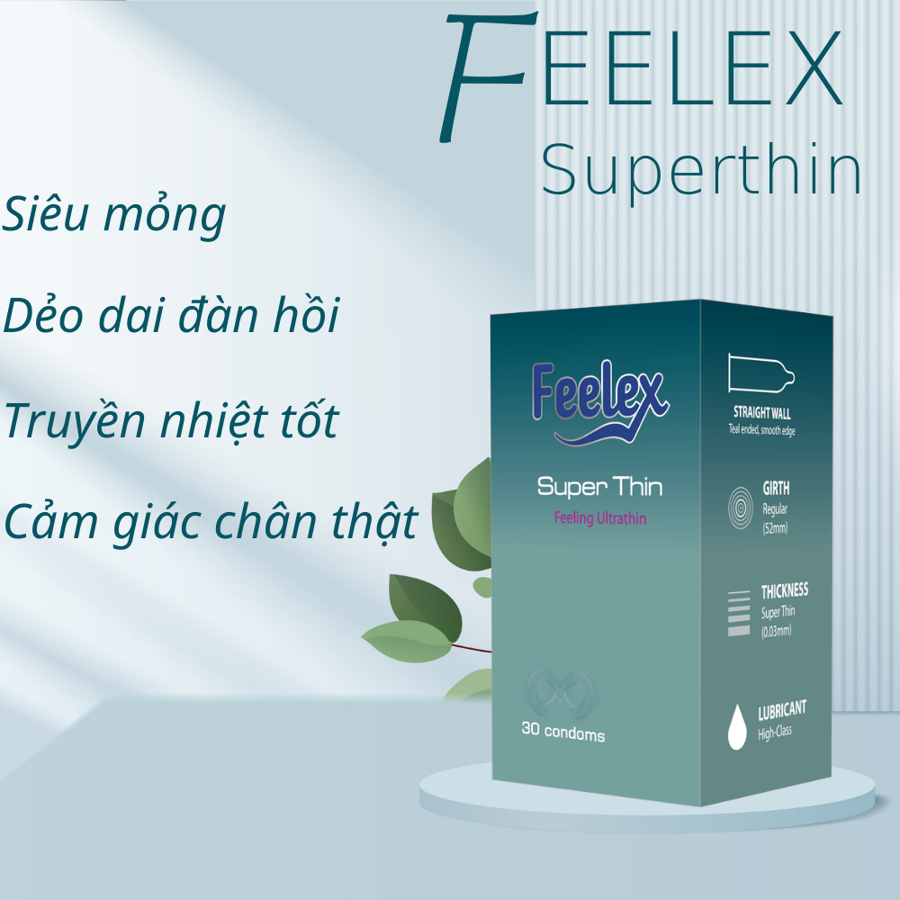 Bao cao su gia đình Feelex Superthin mỏng nhiều gel hương dâu - Hộp 30bcs