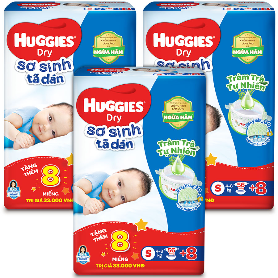 Combo 3 Tã dán sơ sinh Huggies mới S56 (4kg-8kg) - Gói 56 miếng Tràm Trà + Tặng 8 miếng