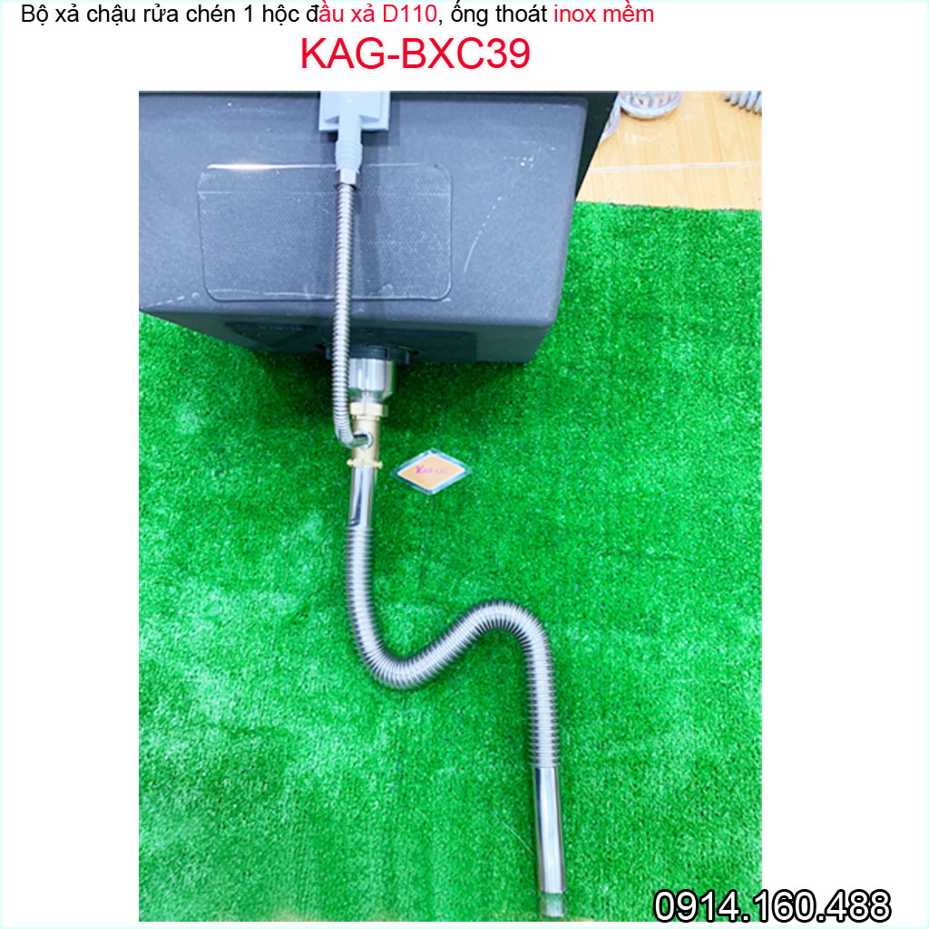 Bộ xả chậu rửa chén 1 hố KAG-BXC39 chậu lỗ thoát D110, bộ ống thoát bồn rửa bát 1 hộc chất liệu SUS304 siêu bền thoát nước nhanh sử dụng tốt
