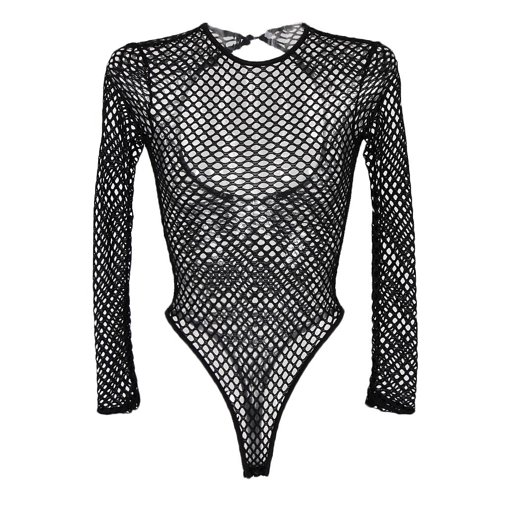 Women's Tight Mesh Long Sleeve Backless Bodysuit Jumpsuit Shapewear One Piece Swimsuit