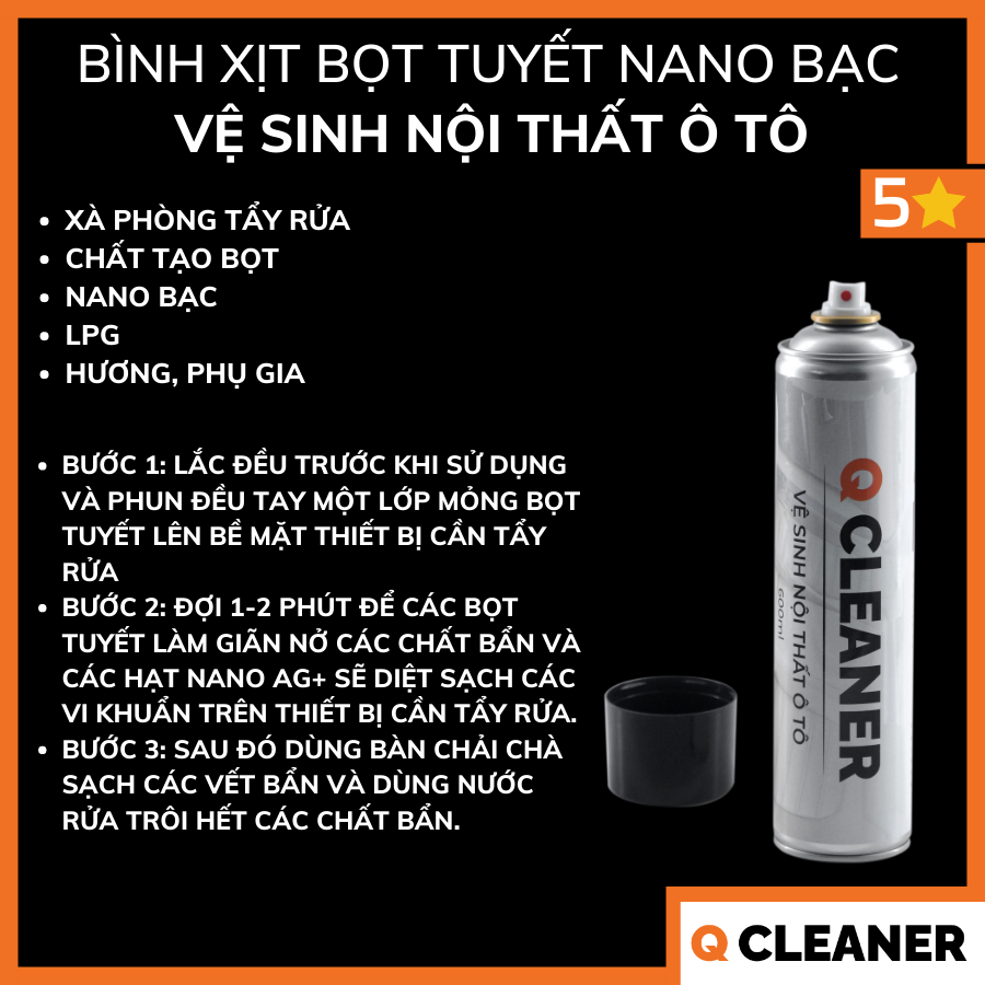 Bình xịt bọt tuyết vệ sinh nột thất ô tô 600ML Q CLeaner - Xuất xứ tại Việt Nam - EU