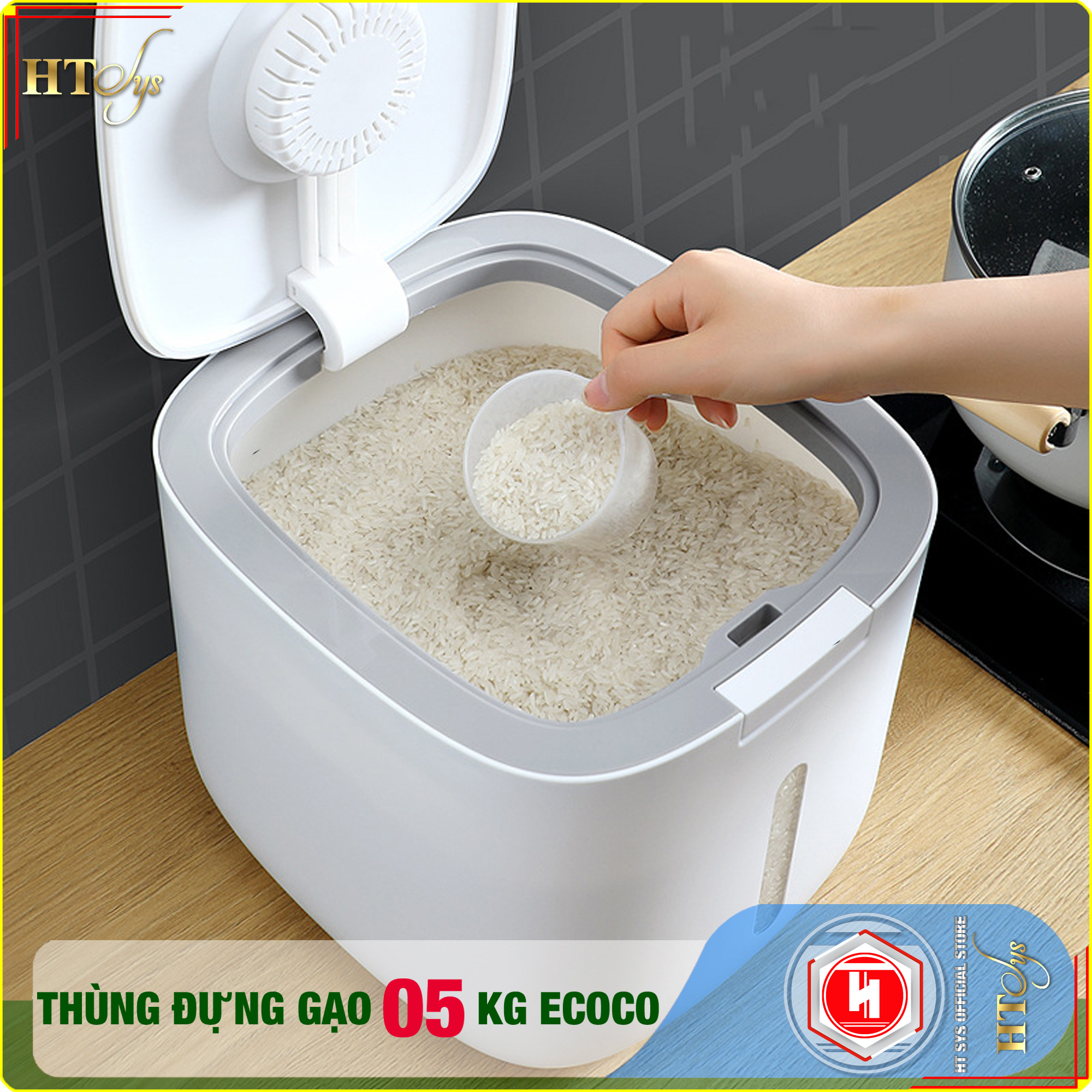 Thùng đựng gạo ECOCO-5KG-E2029-Thiết kế dạng nhấn nút-Chống kiến, chống ẩm, chống mọt-Chất liệu ABS cao cấp + 01 Sét móc vàng tài lộc + 04 Khăn Lau - [ Hàng Nhập Khẩu ]