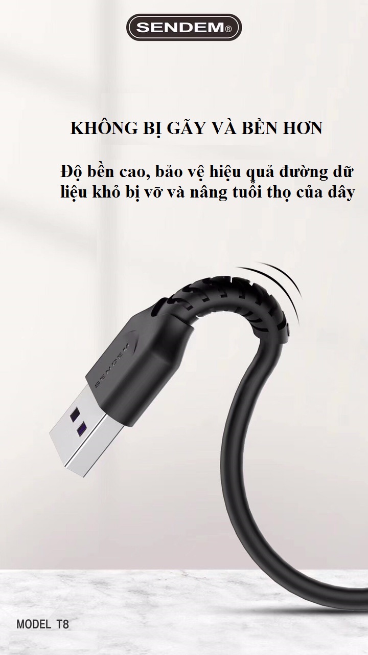 Cáp sạc siêu tốc SENDEM T8 6A MicroUSB, Lightning, TypeC hỗ trợ VOOC, Qualcom 3.0 dành cho điện thoại đời cao của Iphone, Samsung, Oppo,... (Giao màu ngẫu nhiên) - Hàng chính hãng