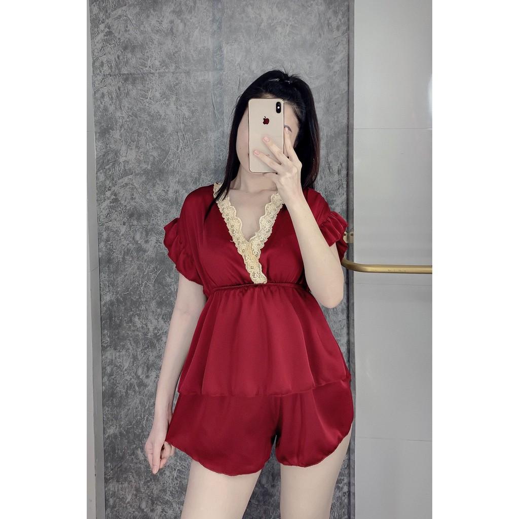 Đồ ngủ sexy áo cổ V quần đùi chất satin mặc ngủ thoải mái freesize