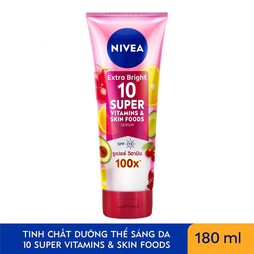 Tinh Chất Dưỡng Thể Nivea Sáng Da Extra Bright 10 Super Vitamin &amp; Skin Foods Serum SPF15 180ml