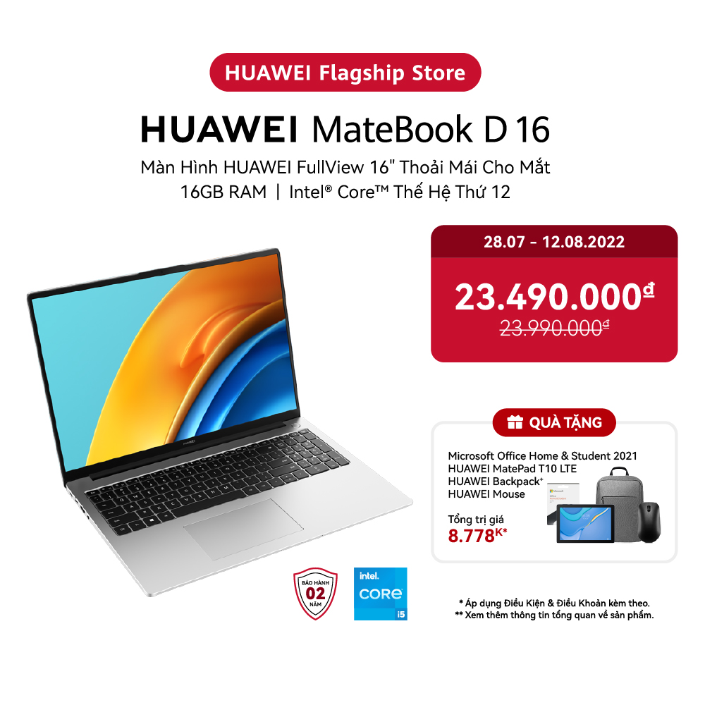 Máy Tính Xách Tay HUAWEI MateBook D 16 (16GB/512GB) Màn hình HUAWEI FullView 16&quot; | Intel Core i5 Thế Hệ Thứ 12 H-Series | Hàng Chính Hãng