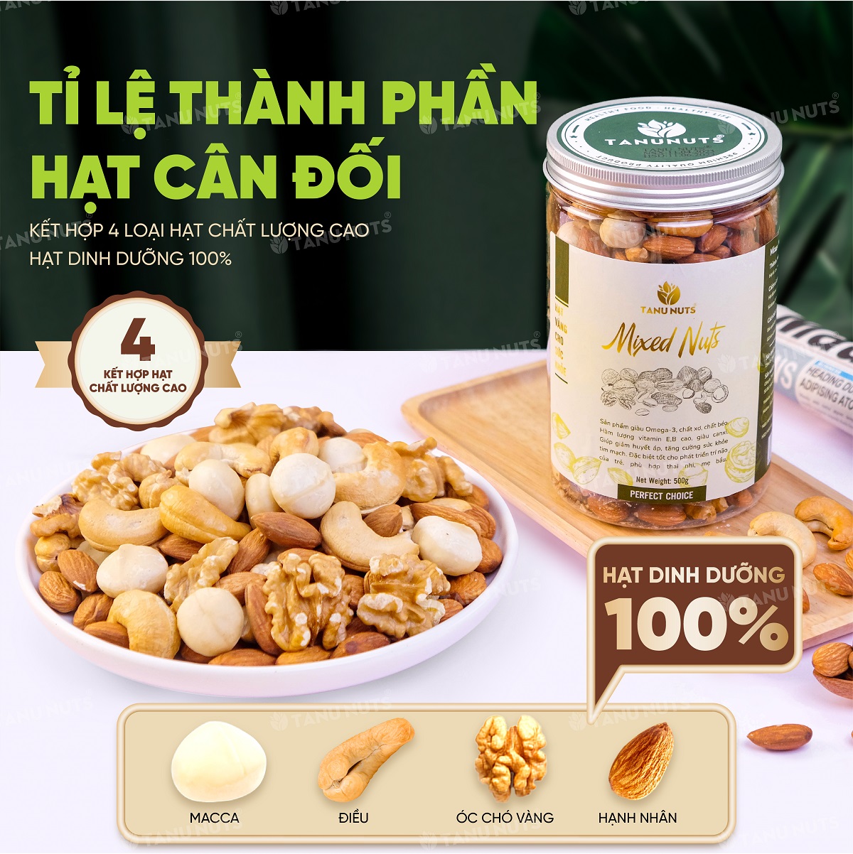 Hạt dinh dưỡng mix 4 TANU NUTS hũ 350gr/500gr, ngũ cốc granola mix hạt dinh dưỡng cho bà bầu.