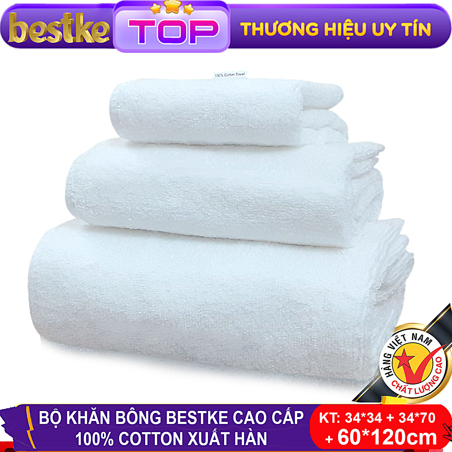 Khăn Tắm Bestke 100% Cotton Siêu Thấm Hút Nước, mềm mại, Xuất Khẩu Hàn Quốc, white size 1.2 Mét, towels bestke