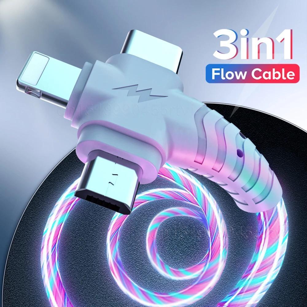 Dây Cáp Sạc Nhanh 3 Trong 1 Có Đèn LED Phát Sáng Dành Cho Điện Thoại iPhone Android
