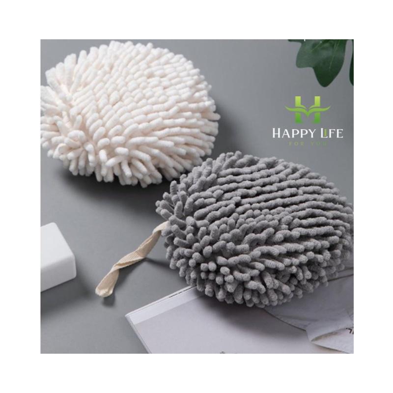 Khăn lau tay nhà bếp nhà vệ sinh có móc treo, bông lau tay san hô tròn mềm mịn thấm hút - Happy Life 4U