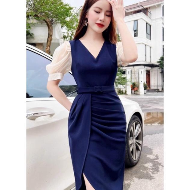 Đầm váy xéo nữ dự tiệc dạo phố kèm thắt lưng màu xanh đơn giản