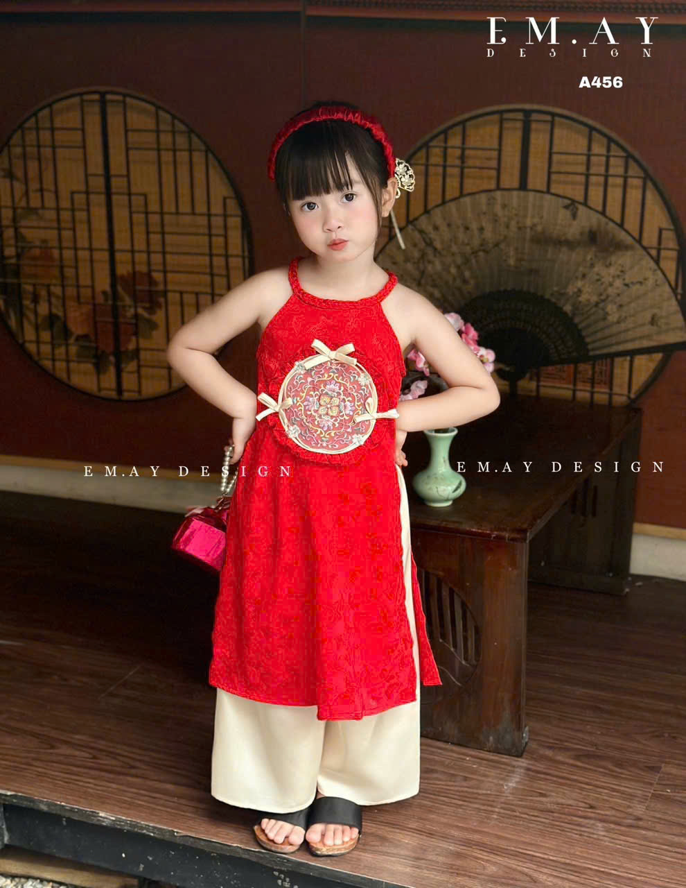 Áo dài cổ yếm phối quần suông cho bé gái mẫu Nàng xuân thướt tha mặc lễ tết năm mới biễu diễn 10-40kg