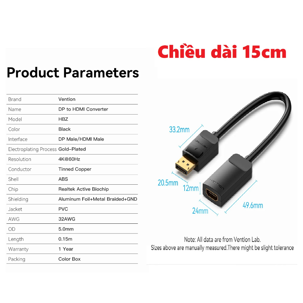 Cáp chuyển đổi Displayport ( DP ) male ra HDMI female 4K@60Hz nối laptop với TV màn hình máy chiếu Vention HBZB _ hàng chính hãng