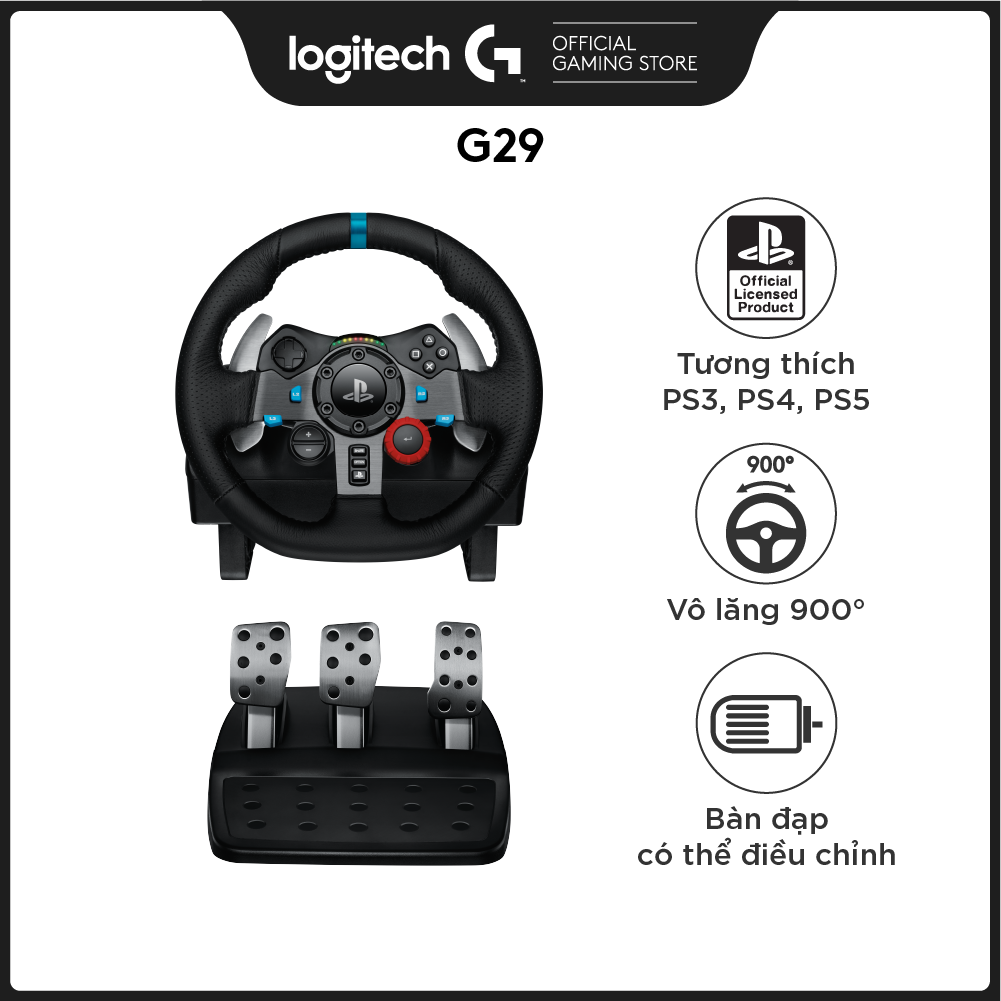 Vô lăng đua xe Logitech G29 Driving Force và bàn đạp thép không gỉ, tay lái bọc da thủ công, phù hợp PS5, PS4, PC, Mac -Hàng chính hãng