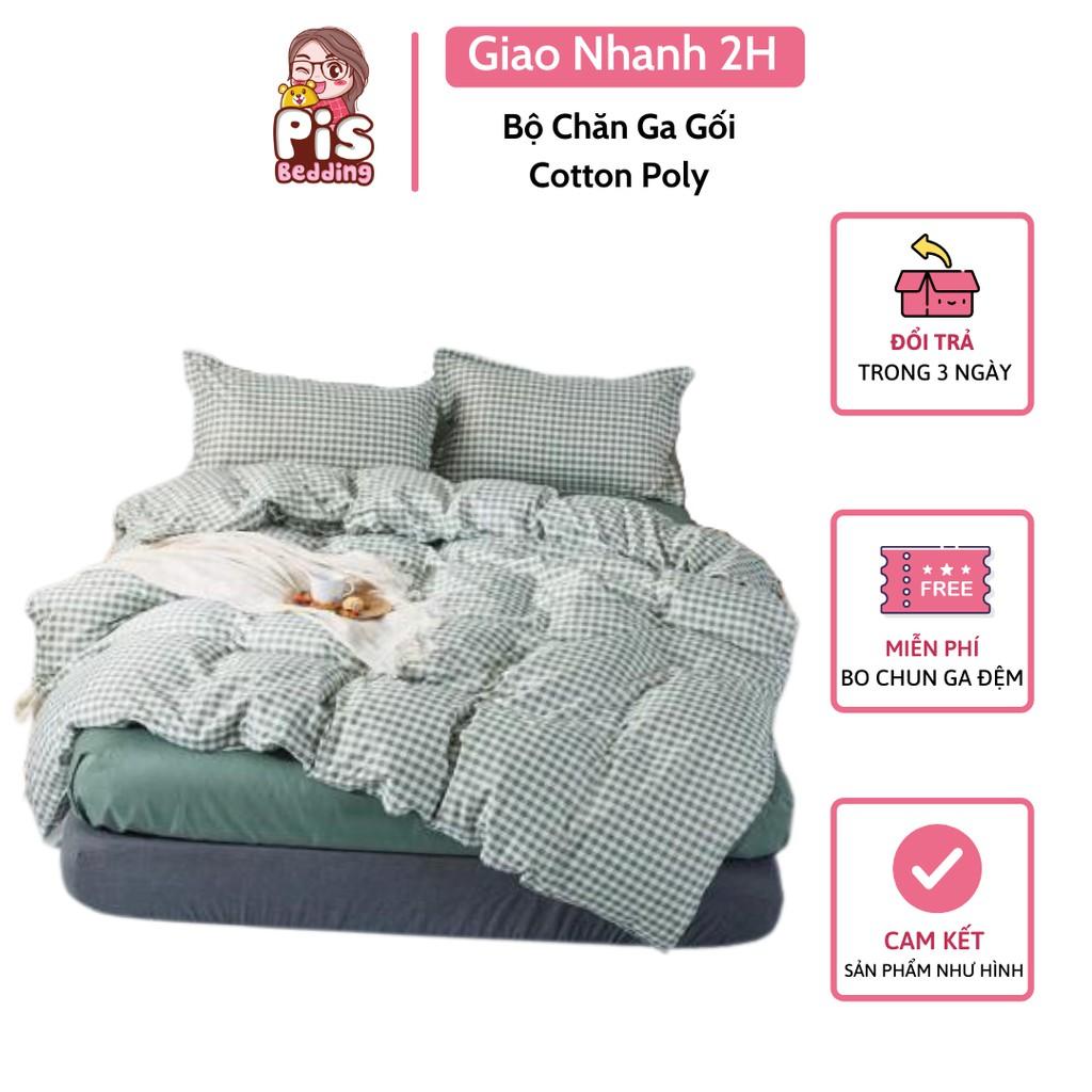 Bộ Chăn Ga Gối Cotton Poly Caro Nhỏ Xanh Lá