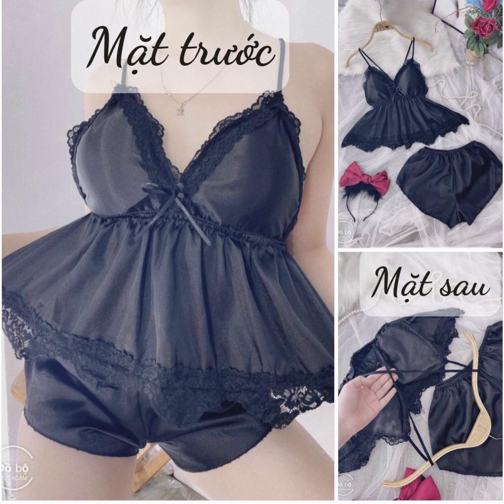 Đồ ngủ sexy nữ, đồ ngủ 2 dây có mút ngực màu đen