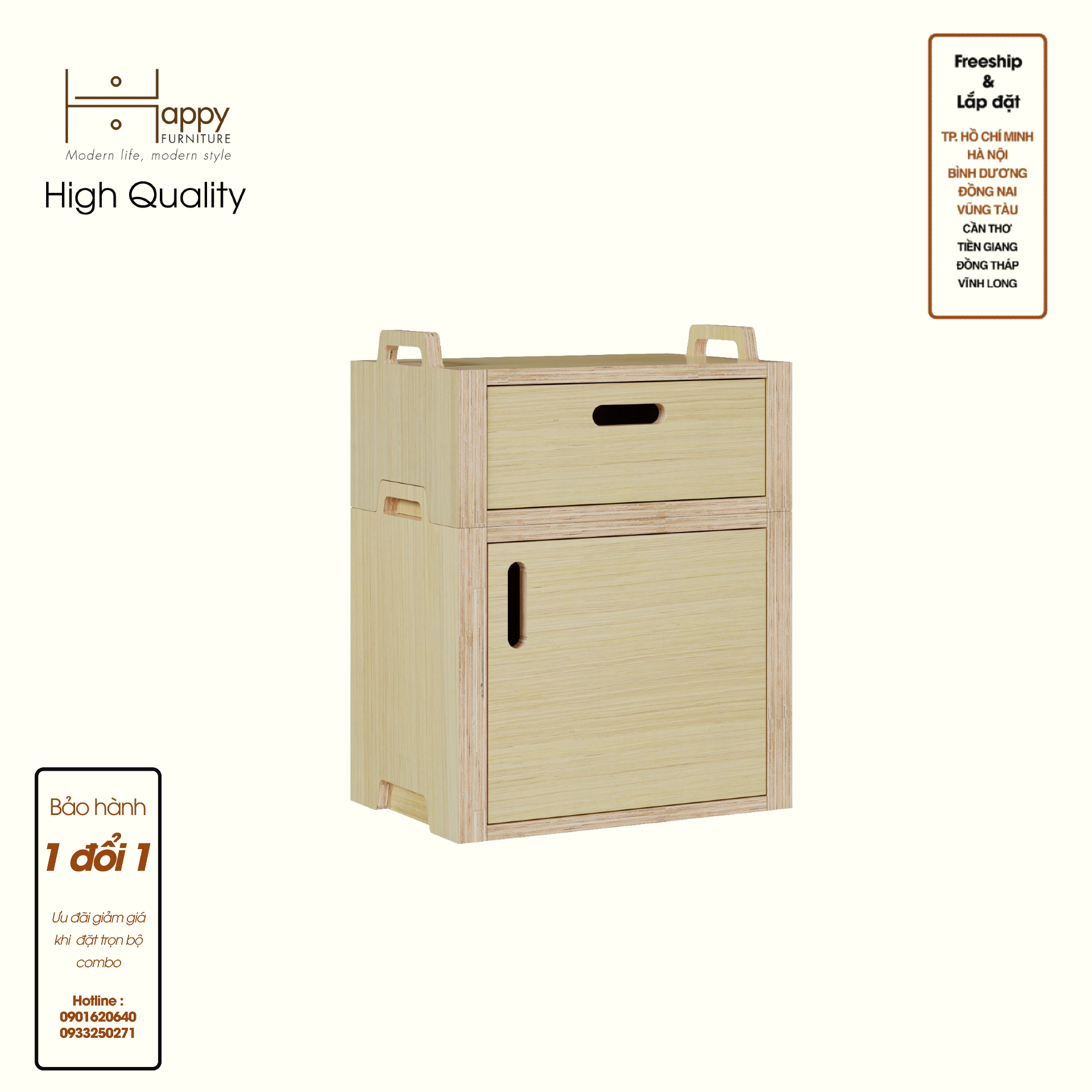 HAPPY FURNITURE , Gỗ tự nhiên , Tủ lưu trữ 1 ngăn kéo 1 cửa mở gỗ Plywood - GAMOR , TLT_023 , 45cm x 30cm x 58cm DxRxC