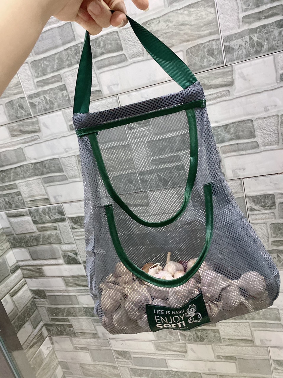 Túi Treo hành tỏi - Lưu Trữ Hành Tỏi Tránh Mốc Lưới Đan ENJOY SOFT, Màu Xanh Xám, Hình Tháp 2 ngăn