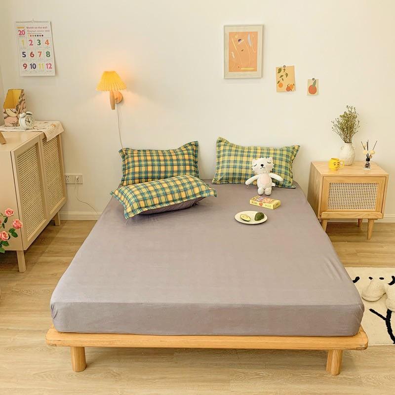 Bộ chăn ga Cotton Poly M2T bedding kẻ xanh vàng, vỏ chăn mền, drap giường và 2 vỏ gối