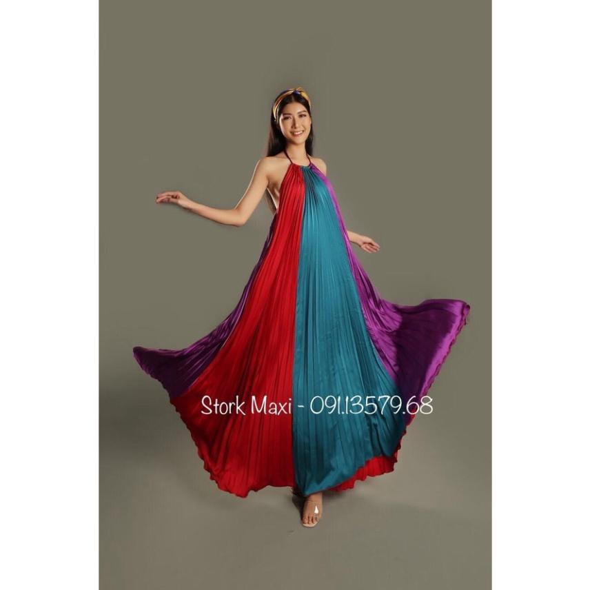 Đầm váy maxi phi dập ly cổ yếm hở lưng suông dài loang màu Ivy.fashion đi biển dự tiệc dạo phố bigsize gợi cảm sexy