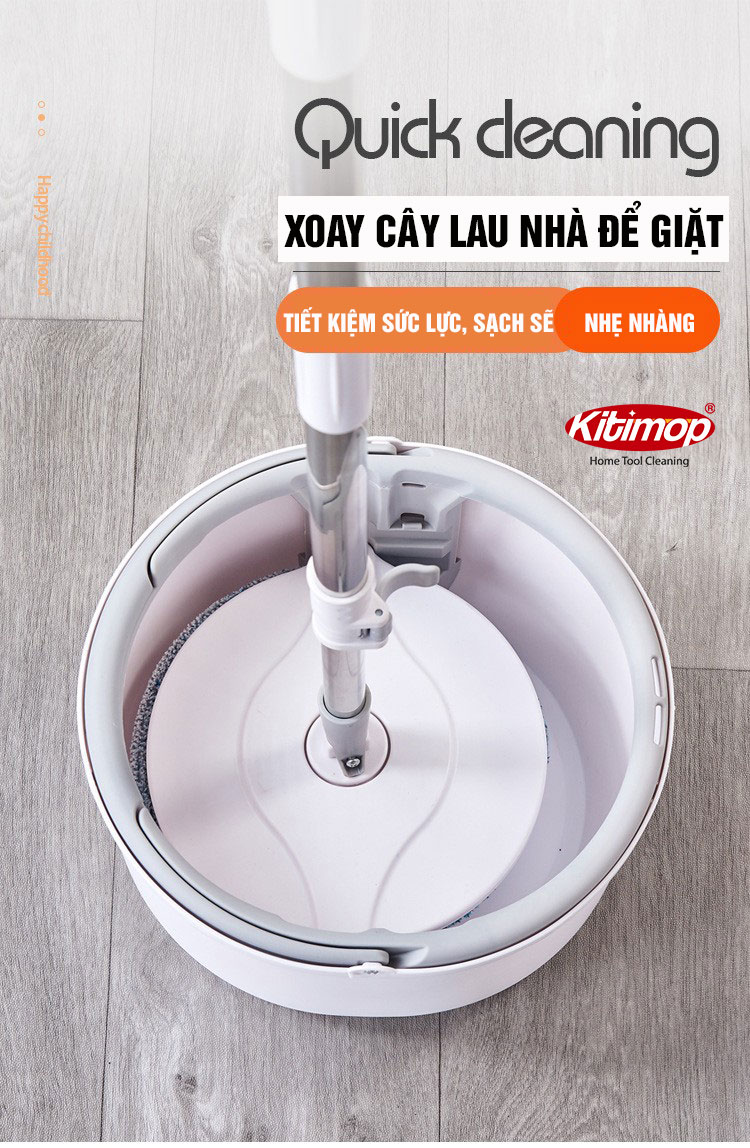 Bộ lau nhà tách nước bẩn Kitimop-K8 có thùng vắt nước xoay tròn, chổi lau nhà 360 độ lau sạch khô nhanh, bảo hành 12 tháng, 2 miếng lau