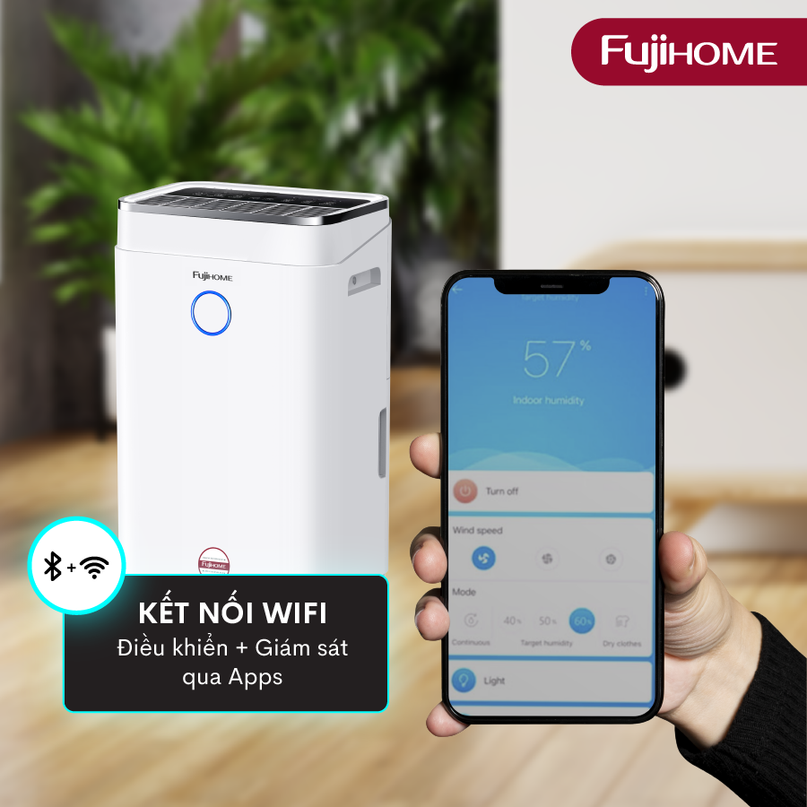 Máy hút ẩm lọc không khí 40M2-50M2 nhập khẩu FUJIHOME DH20W, 20 lít/ngày kết nối wifi điều khiển qua APP, hiển thị độ ẩm - Hàng chính hãng