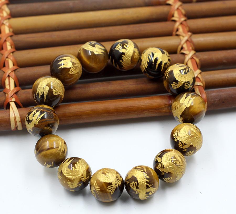 Vòng Tay Đá Mắt Hổ Vàng Chạm Rồng 14MM