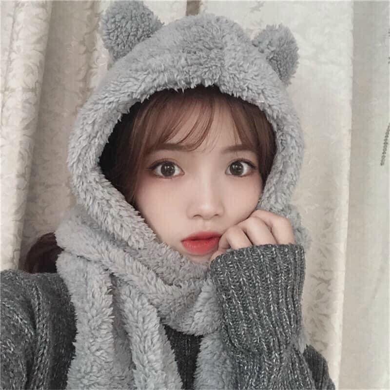Mũ lông cừu kèm khăn quàng cổ kiêm túi để tay giữ ấm mùa đông 3 in 1